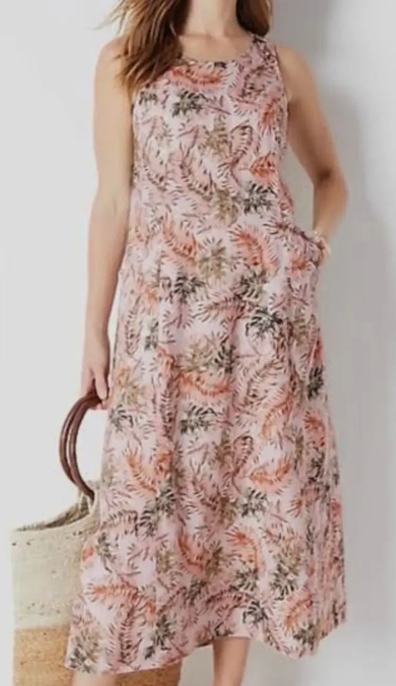 J.jill Love Linen Palm Leaf Soft Pink Pocket Maxi Dress Coastal Beach XL new